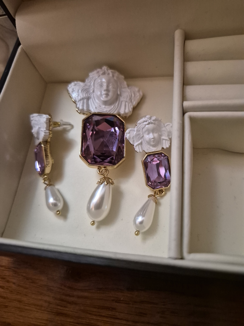 Gold-Tone Purple Crystal & Pearl Angel Motif Brooch Set